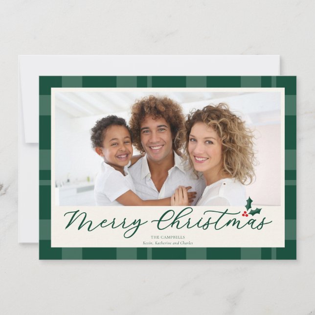 Tarjeta Festiva Merry Christmas Green Plaid Photo (Anverso)
