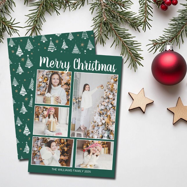 Tarjeta Festiva Merry Christmas Green Trees Family Photo Collage (Subido por el creador)