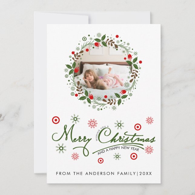 Tarjeta Festiva Merry Christmas Green typography wreath photo (Anverso)