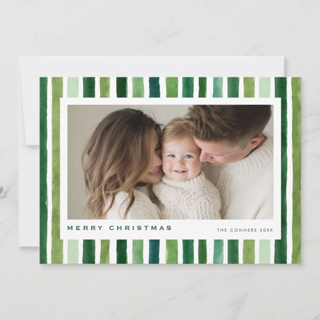 Tarjeta Festiva Merry Christmas Green watercolor stripes (Anverso)