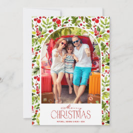 Tarjeta Festiva Merry Christmas Greenery and Holly Photo