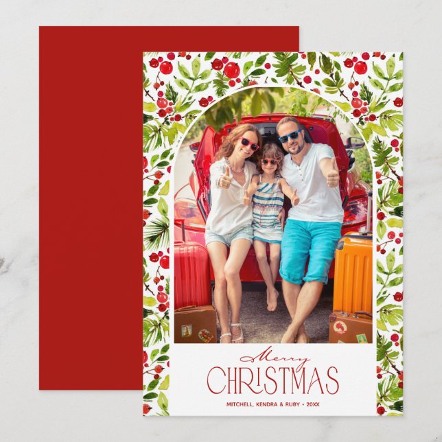 Tarjeta Festiva Merry Christmas Greenery and Holly Photo (Anverso / Reverso)