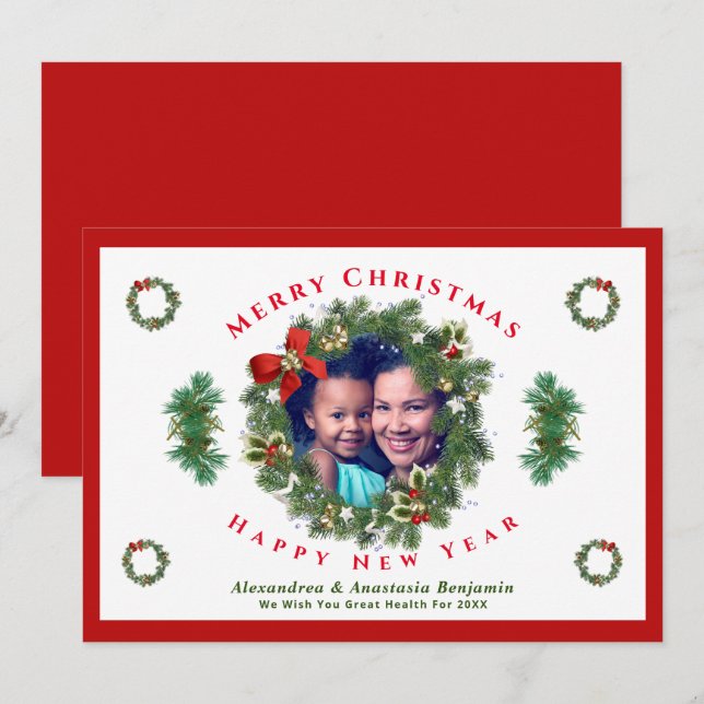 Tarjeta Festiva Merry Christmas Happy New Year Family Photo Custom (Anverso / Reverso)