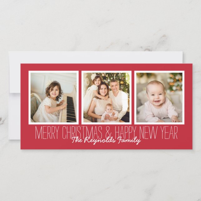 Tarjeta Festiva Merry Christmas Happy New Year Red 3 Photo Overlay (Anverso)
