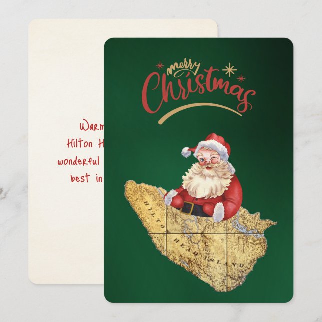 Tarjeta Festiva Merry Christmas Hilton Head Island Map con Santa (Anverso / Reverso)