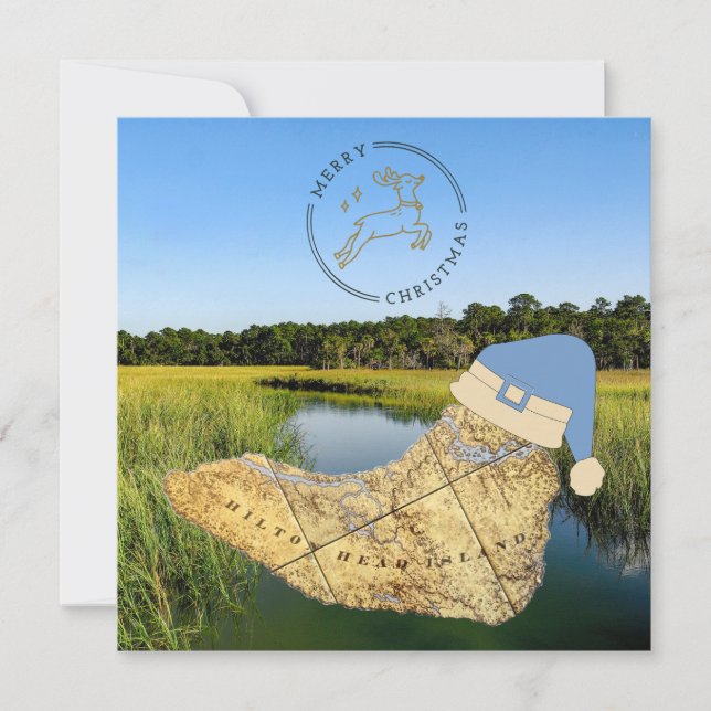 Tarjeta Festiva Merry Christmas Hilton Head Island Map & Marshland (Anverso)