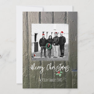 Tarjeta Festiva Merry Christmas Holly Barn Doe Family Photo Name