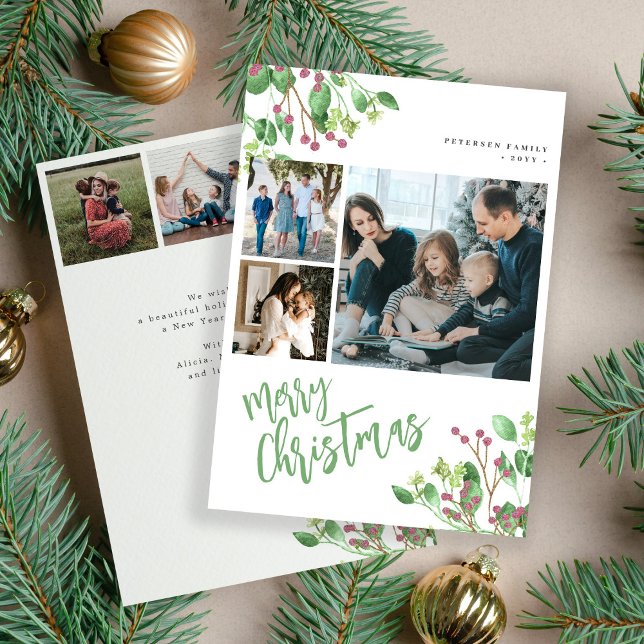 Tarjeta Festiva Merry Christmas holly berry foliage multifoto (Subido por el creador)
