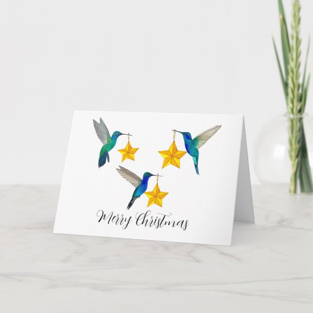 Tarjeta Festiva Merry Christmas Hummingbirds and Stars Holiday Car (Anverso)