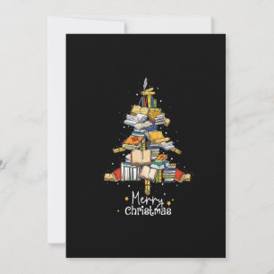Tarjeta Festiva Merry Christmas Library Tree Cute Book Lover Libra