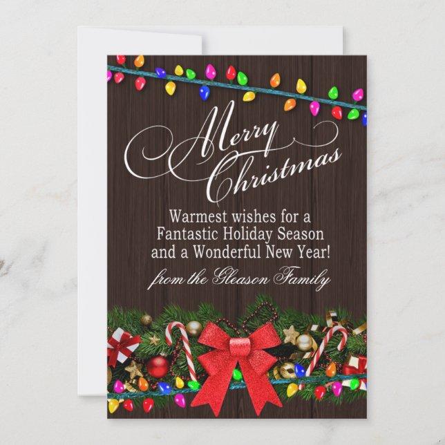 Tarjeta Festiva Merry Christmas Lights Barn Wood | caoba (Anverso)