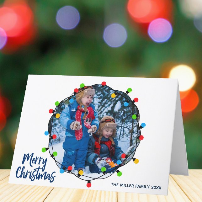 Tarjeta Festiva Merry Christmas Lights Family Photo Cute Modern (Subido por el creador)