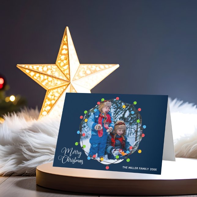 Tarjeta Festiva Merry Christmas Lights Photo Moderne Cute Navy Blu (Subido por el creador)