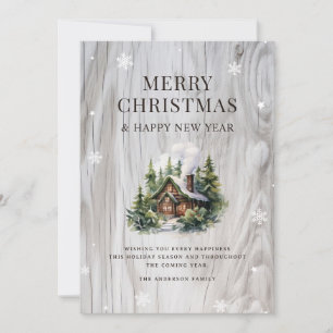 Tarjeta Festiva Merry Christmas Log Cabin Rustic Wood Snowflake