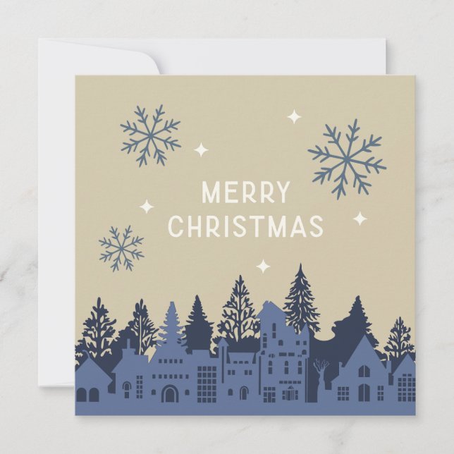 Tarjeta Festiva Merry Christmas Mod Village Blue (Anverso)
