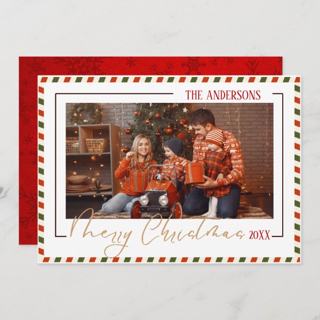 Tarjeta Festiva Merry Christmas modern chic 1 family photo red  (Anverso / Reverso)
