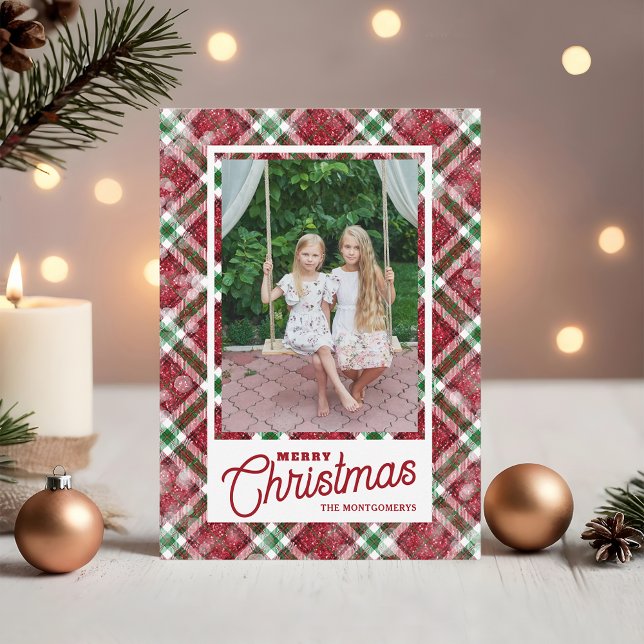 Tarjeta Festiva Merry Christmas Modern Plaid Photo (Merry Christmas on plaid flat photo holiday cards,  PRINTED and/or INSTANT DOWNLOAD)