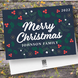 Tarjeta Festiva Merry Christmas Modern Red Holly Berries Foliage