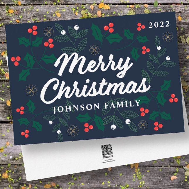 Tarjeta Festiva Merry Christmas Modern Red Holly Berries Foliage (Subido por el creador)