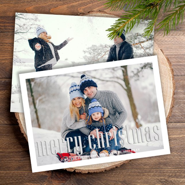 Tarjeta Festiva Merry Christmas Modern Simple Mistletoe 2 Photo (Simple Merry Christmas holiday card with a two photo layout. )