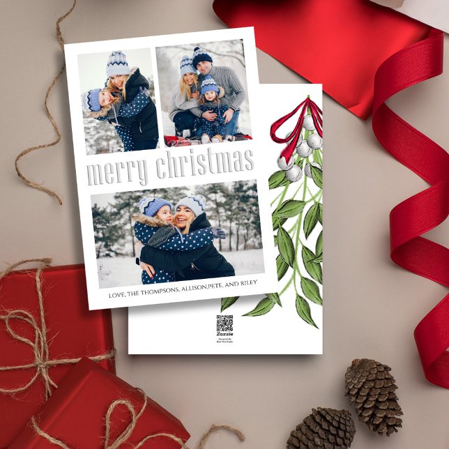 Tarjeta Festiva Merry Christmas Modern Simple Mistletoe 3 photo (Simple Merry Christmas holiday card with a three photo layout. )