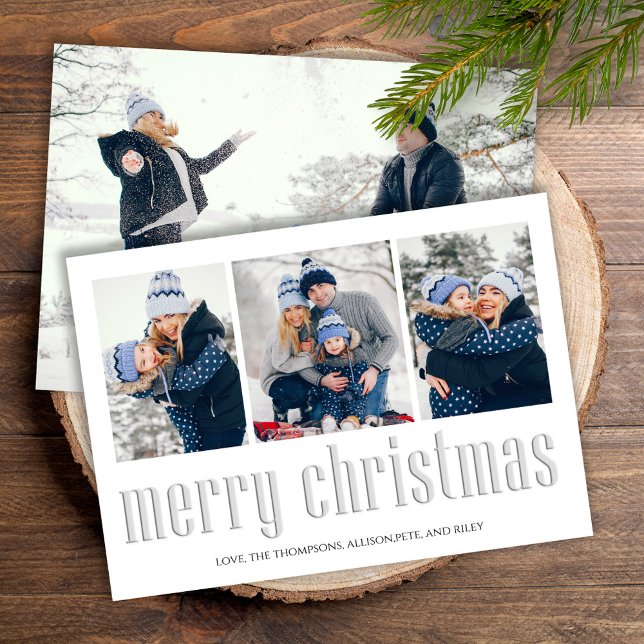 Tarjeta Festiva Merry Christmas Modern Simple Mistletoe 4 Photo (Simple Merry Christmas holiday card with a four photo layout. )