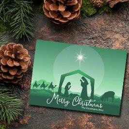 Tarjeta Festiva Merry Christmas Nativity Scene Green Religious