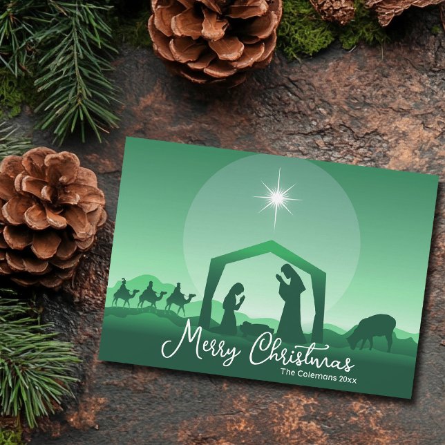 Tarjeta Festiva Merry Christmas Nativity Scene Green Religious (Subido por el creador)