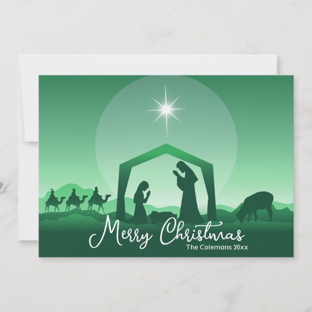 Tarjeta Festiva Merry Christmas Nativity Scene Green Religious (Anverso)