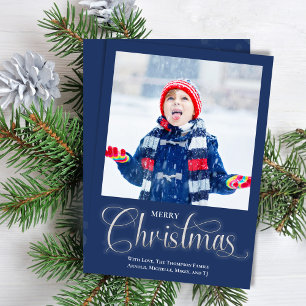 Tarjeta Festiva Merry Christmas Navy Blue One Photo Script