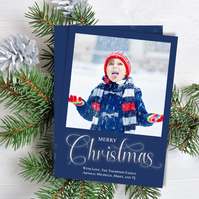 Tarjeta Festiva Merry Christmas Navy Blue One Photo Script (Merry Christmas holiday navy blue photo card. )