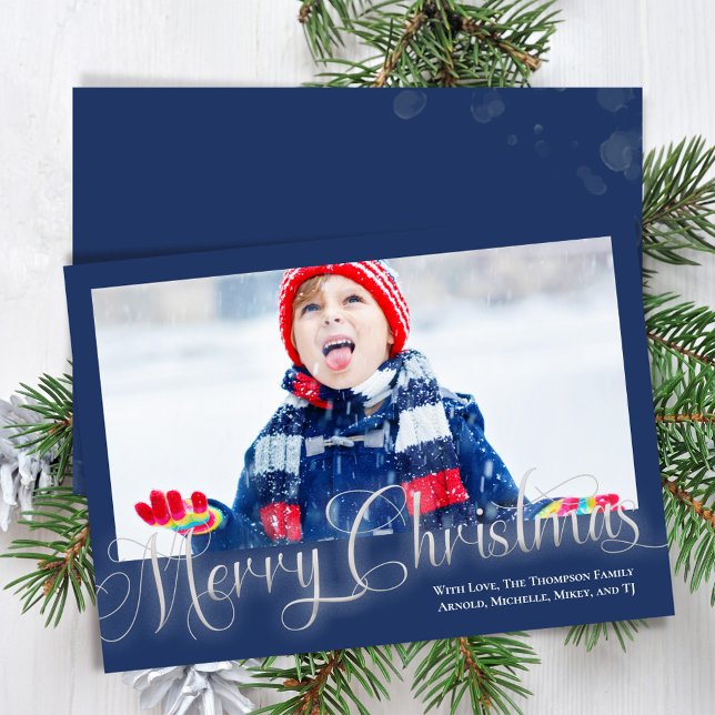 Tarjeta Festiva Merry Christmas Navy Blue One Photo Script (Merry Christmas is classic silver with Navy Blue. )