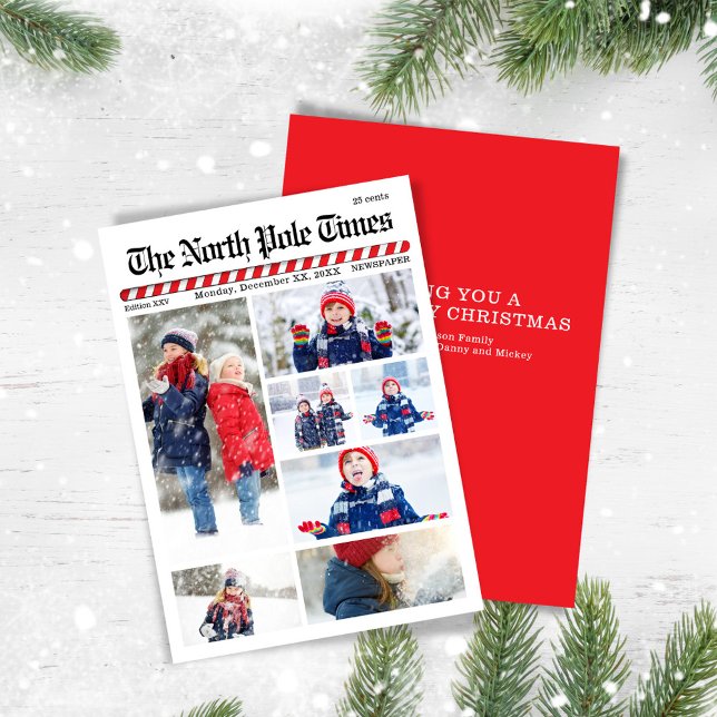 Tarjeta Festiva Merry Christmas Newspaper Multi Photo (The North Pole Times Multi photo holiday greeting card.)