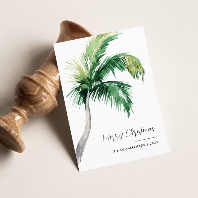 Tarjeta Festiva Merry Christmas Palm Tree Coastre Plaid (Nautical Coastal Christmas Palm Tree Greetings Plaid Card)