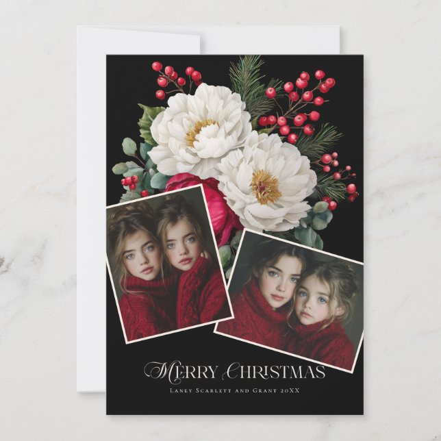 Tarjeta Festiva Merry Christmas Peony Floral holiday 2 photo (Anverso)