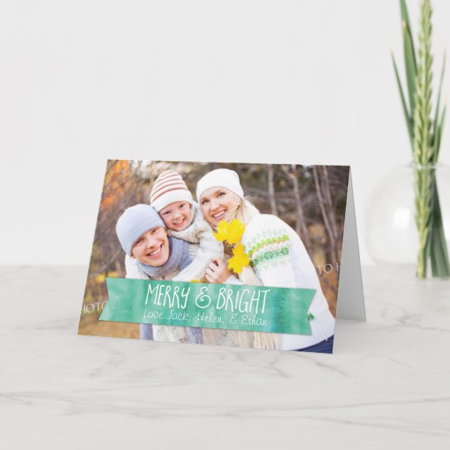 Tarjeta Festiva Merry Christmas Photo Card Watercolor Verde azulad (Anverso)