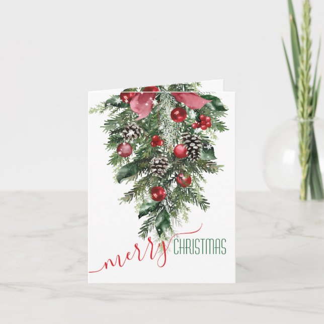 Tarjeta Festiva Merry Christmas Pine Bough Red Ornamones Cones (Anverso)
