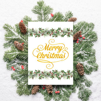 Tarjeta Festiva Merry Christmas Pine Branches Pinecones Holly