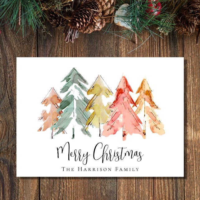 Tarjeta Festiva Merry Christmas Pine Tree Watercolor (Spread the love and joy of the season with your friends and family near and far)