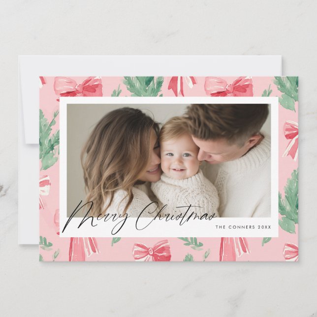Tarjeta Festiva Merry Christmas pink bows and green sprig (Anverso)