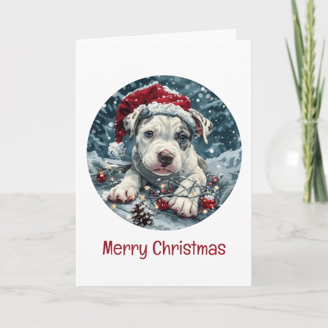 Tarjeta Festiva Merry Christmas Pit Bull Santa Puppy (Anverso)