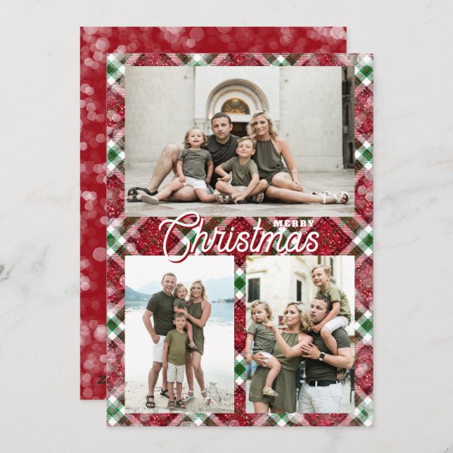 Tarjeta Festiva Merry Christmas Plaid 3 Photo Collage (Anverso / Reverso)