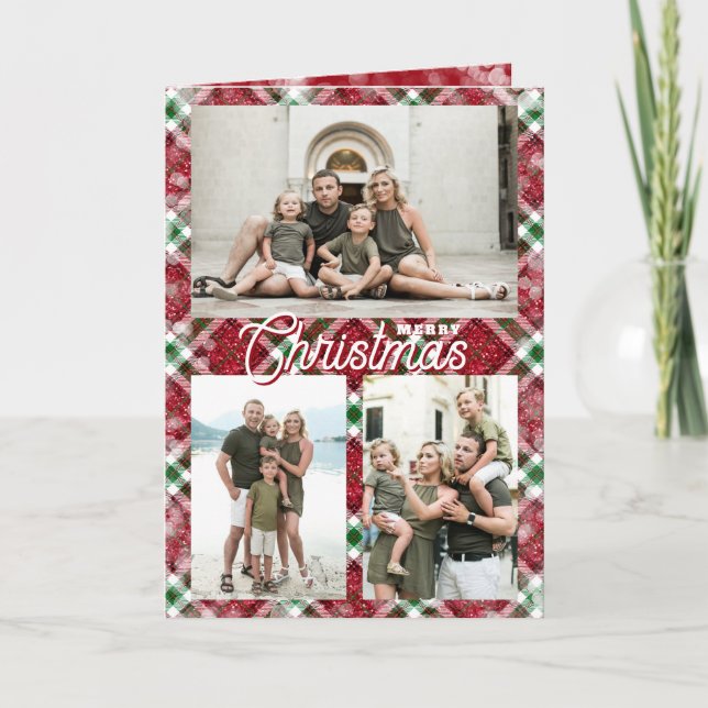 Tarjeta Festiva Merry Christmas Plaid 3 Photo Folded (Anverso)