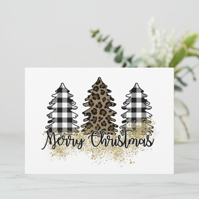 Tarjeta Festiva Merry Christmas plaid and leoparprint tree (Anverso de pie)