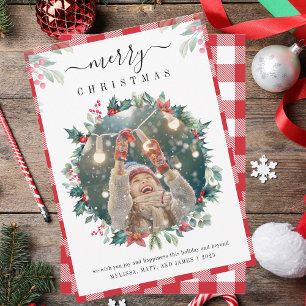 Tarjeta Festiva Merry Christmas Plaid Photo Mistletoe