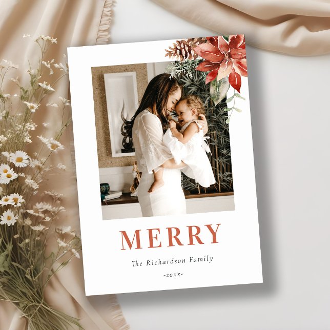 Tarjeta Festiva Merry Christmas Poinsettia Bunch Photo Watercolor (Subido por el creador)