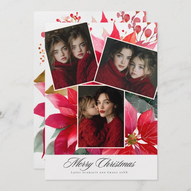 Tarjeta Festiva Merry Christmas Poinsettia Floral holiday 3 photo (Anverso / Reverso)