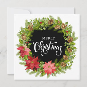 Tarjeta Festiva Merry Christmas Poinsettia Floral Wreath Editable