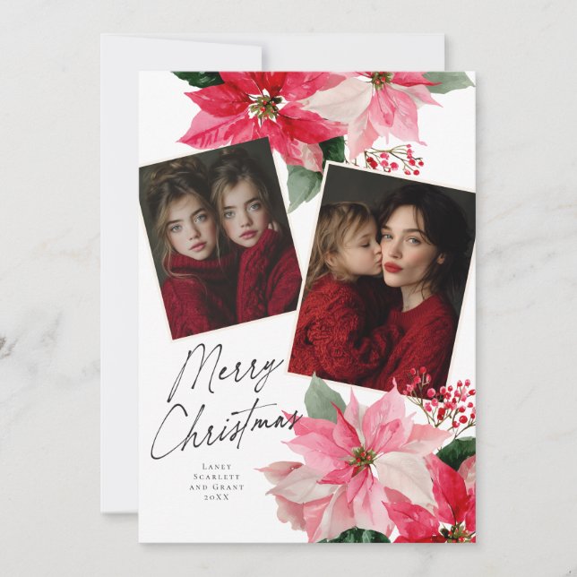 Tarjeta Festiva Merry Christmas Poinsettia Flower Holiday 2 photo (Anverso)