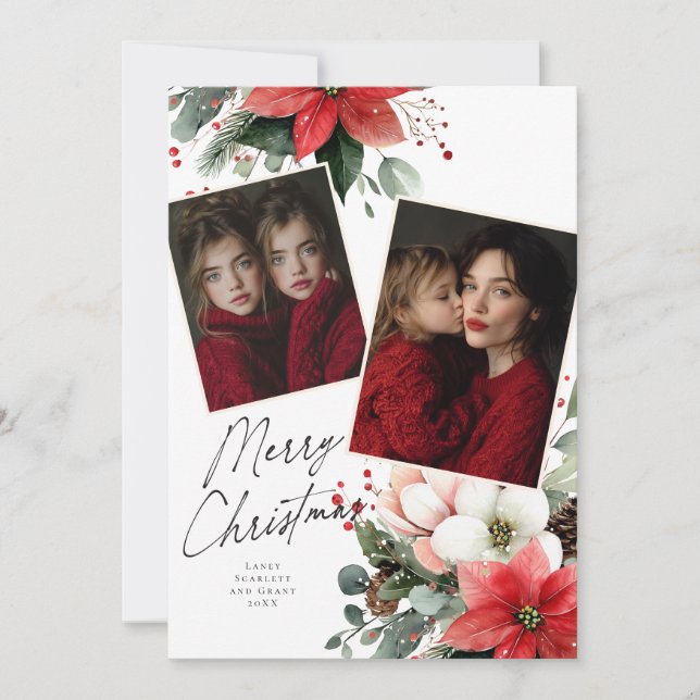 Tarjeta Festiva Merry Christmas Poinsettia Flower Holiday 2 photo (Anverso)